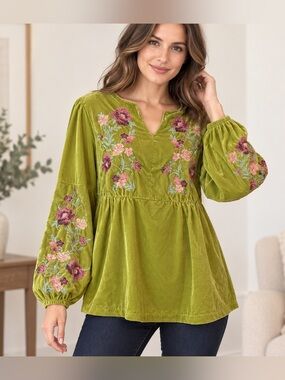 Anthony Original • Embroidered Velvet Peasant Tunic Boho Romantic • Size M
